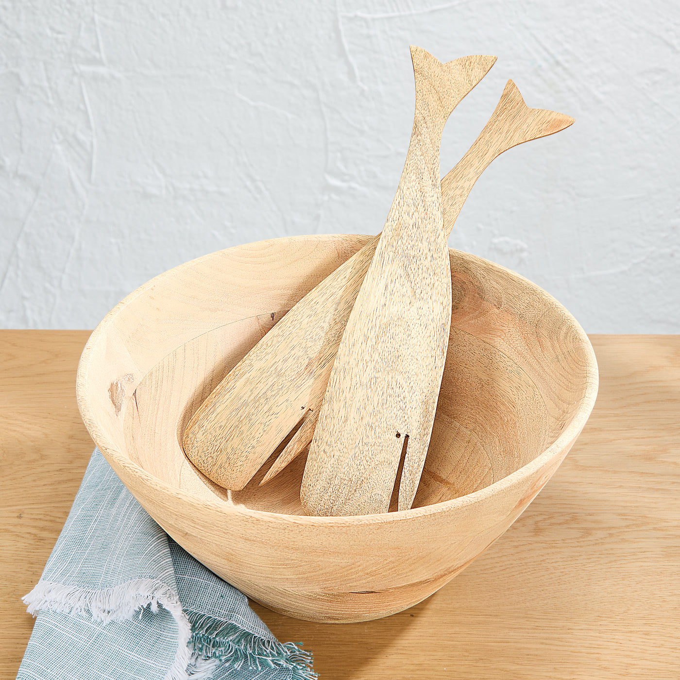 Hand-Carved Mango Wood Whale Utensil Serving Set