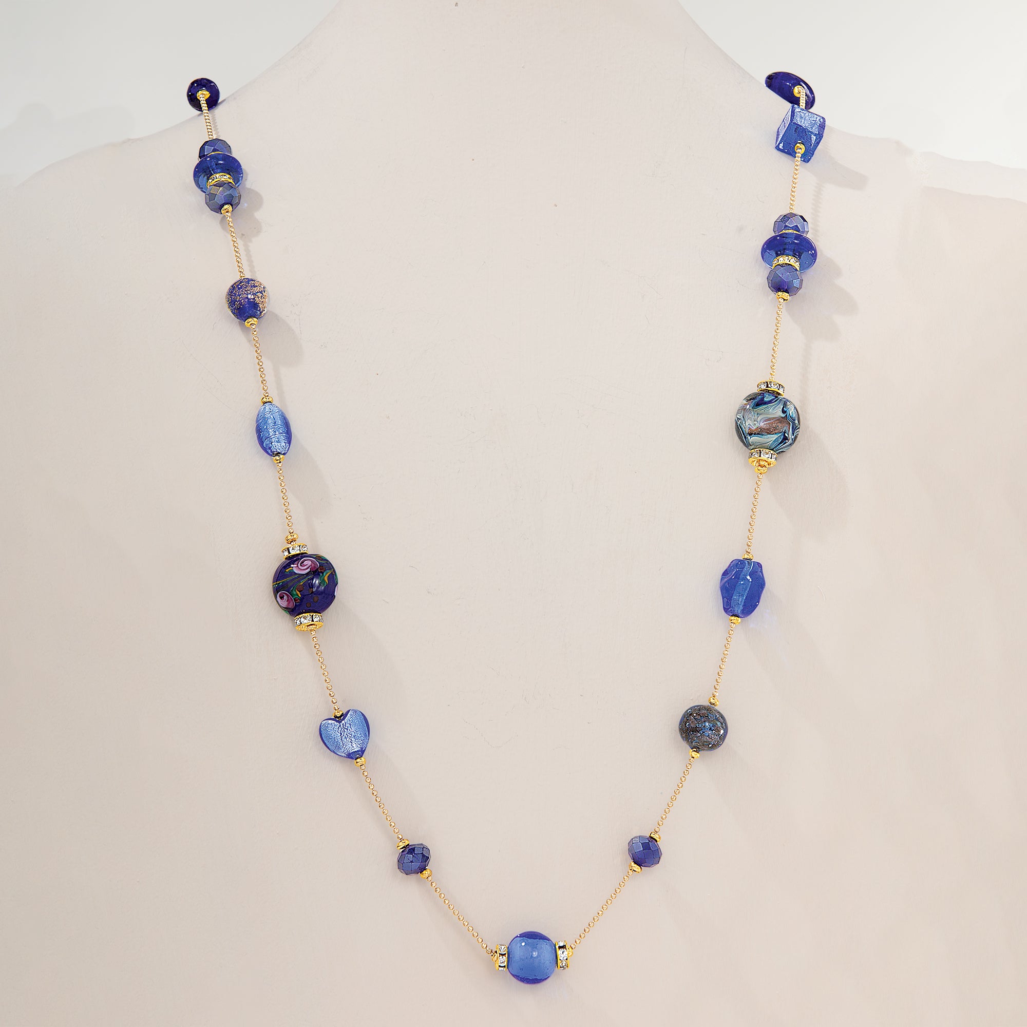 Blue Murano Glass Mixed Hearts Content Long Necklace