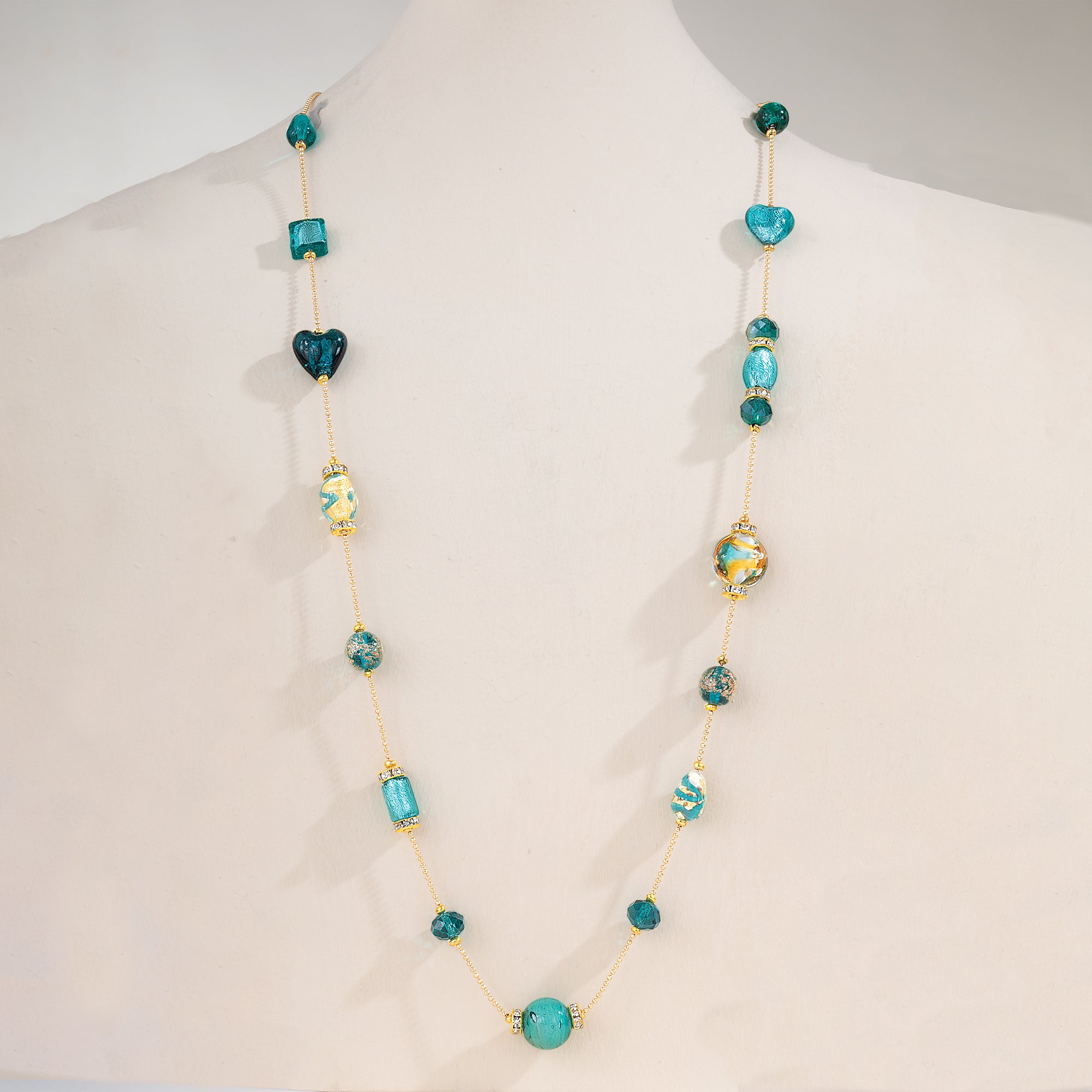 Teal Murano Glass Mixed Hearts Content Long Necklace