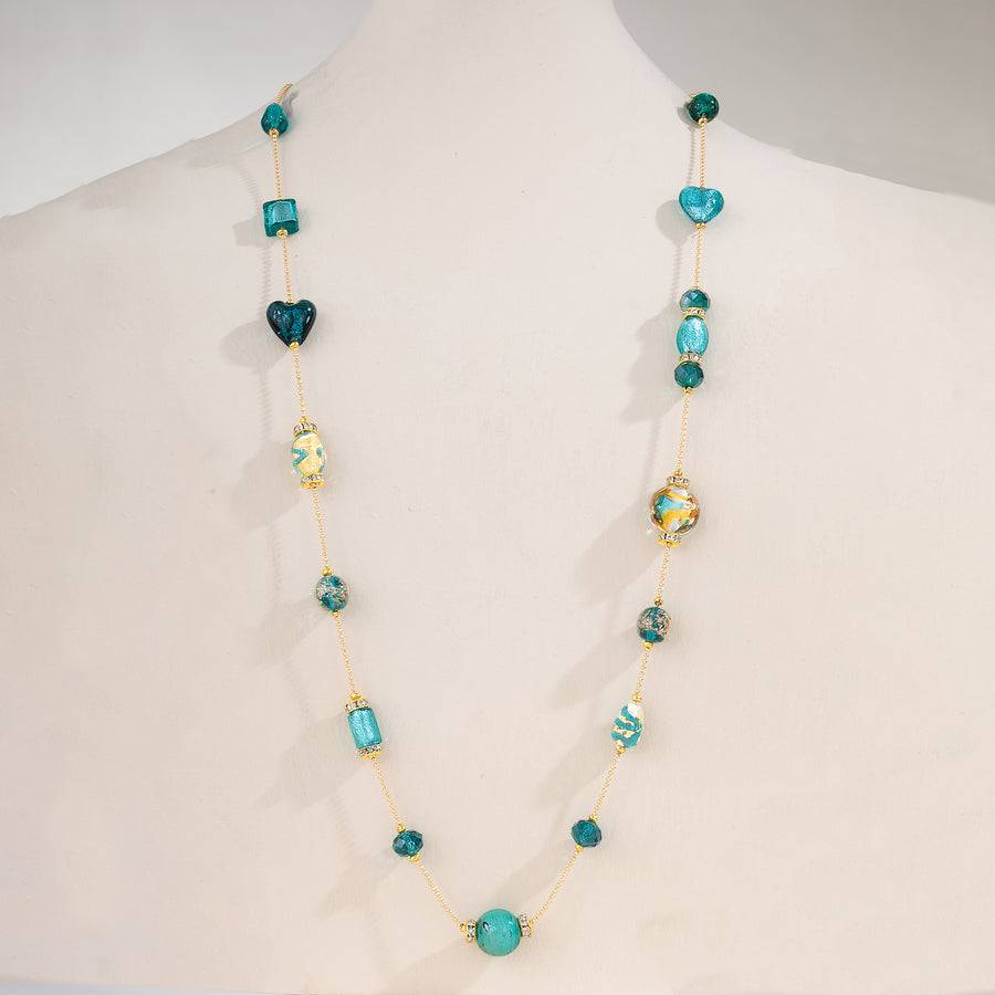 Teal Murano Glass Mixed Hearts Content Long Necklace