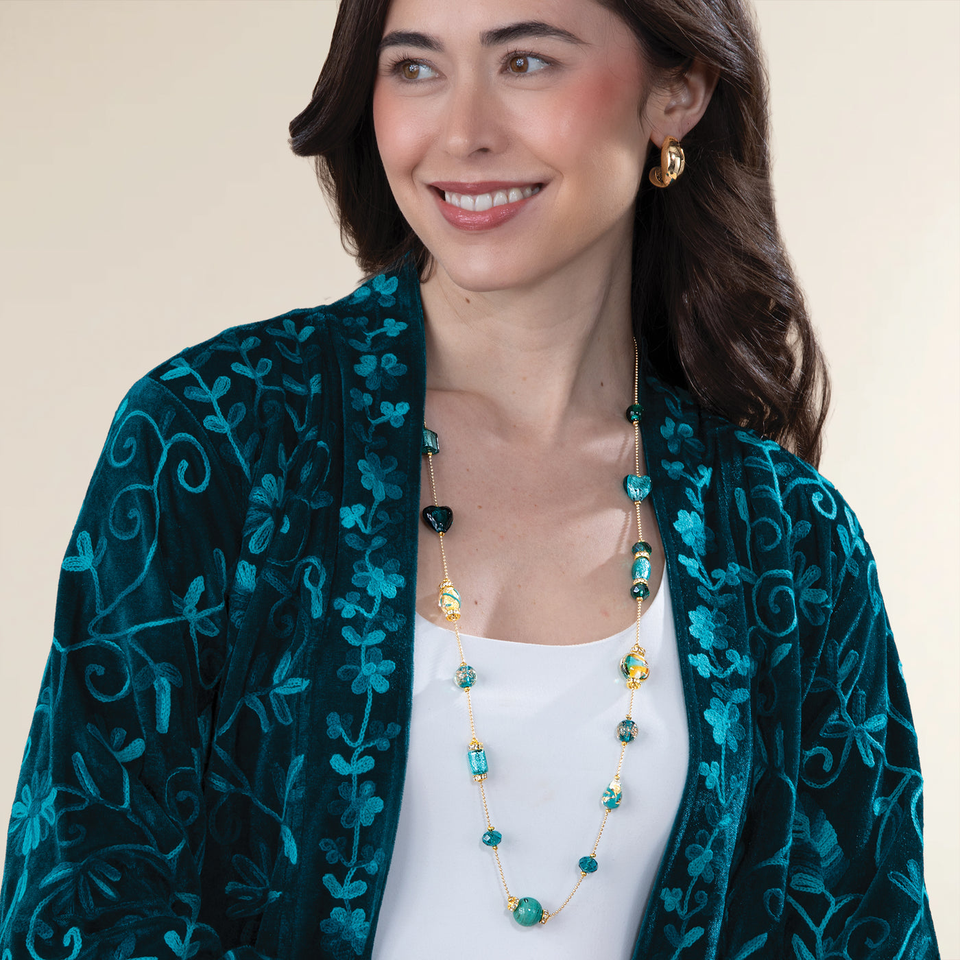 Teal Murano Glass Mixed Hearts Content Long Necklace