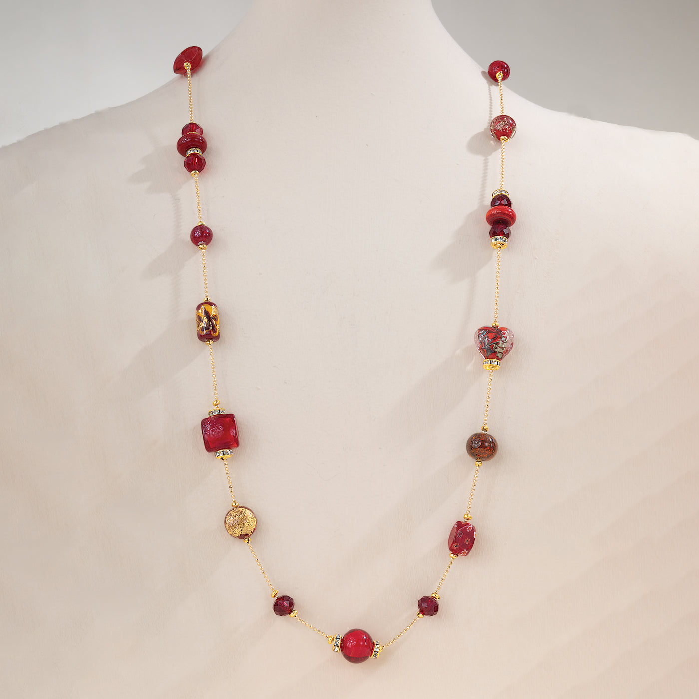 Red Murano Glass Mixed Hearts Content Long Necklace