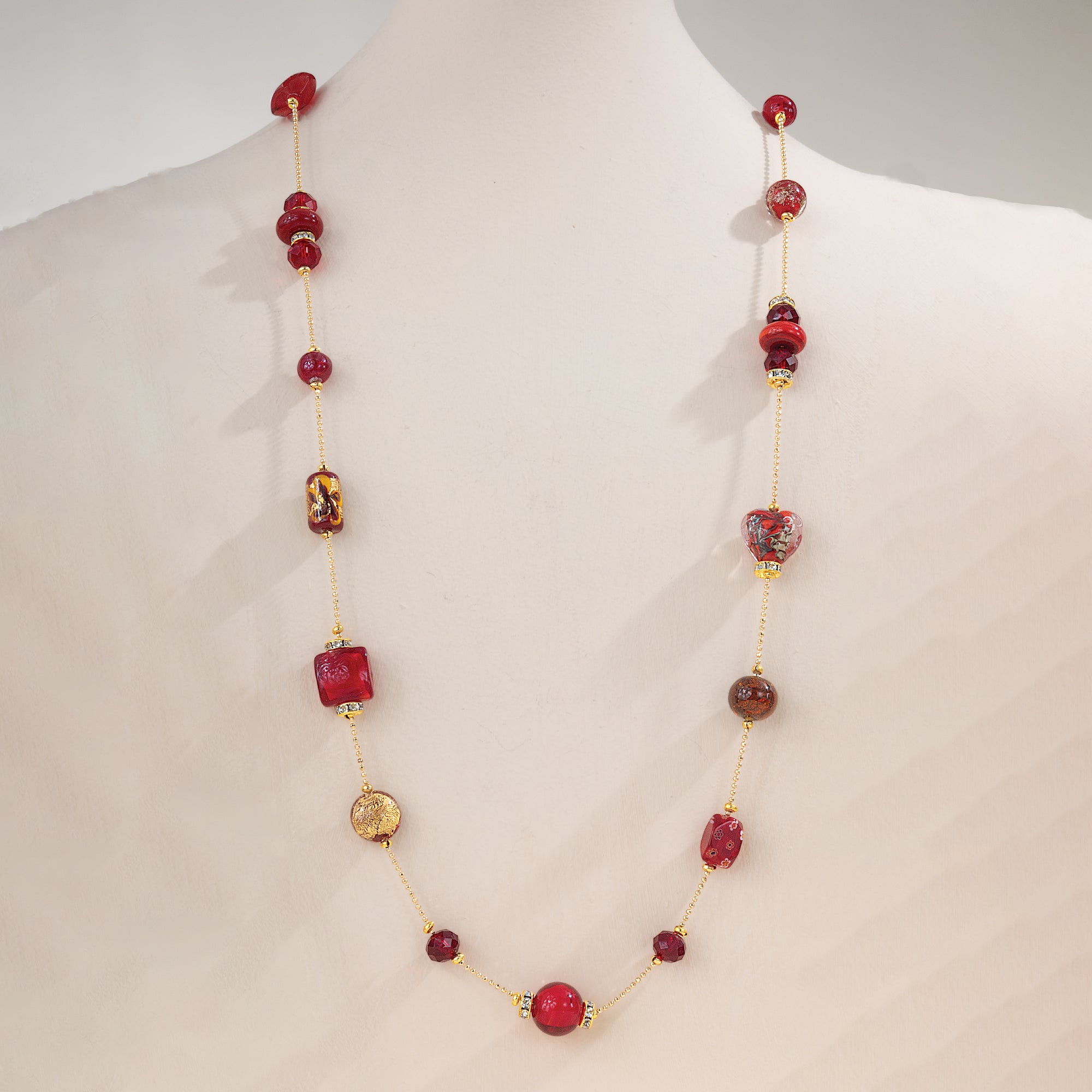 Red Murano Glass Mixed Hearts Content Long Necklace