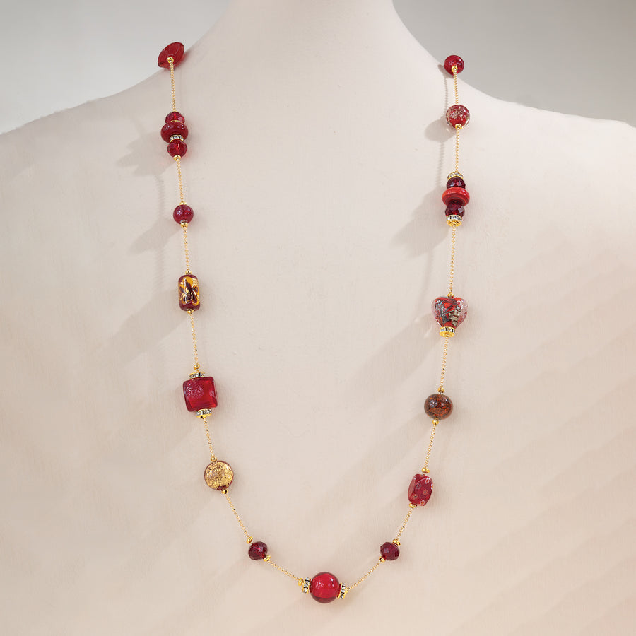 Red Murano Glass Mixed Hearts Content Long Necklace