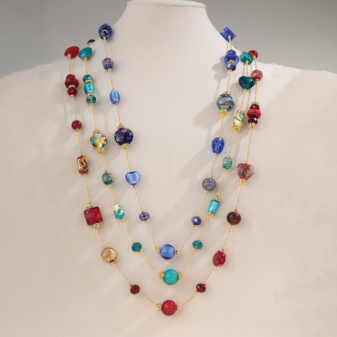 Red Murano Glass Mixed Hearts Content Long Necklace