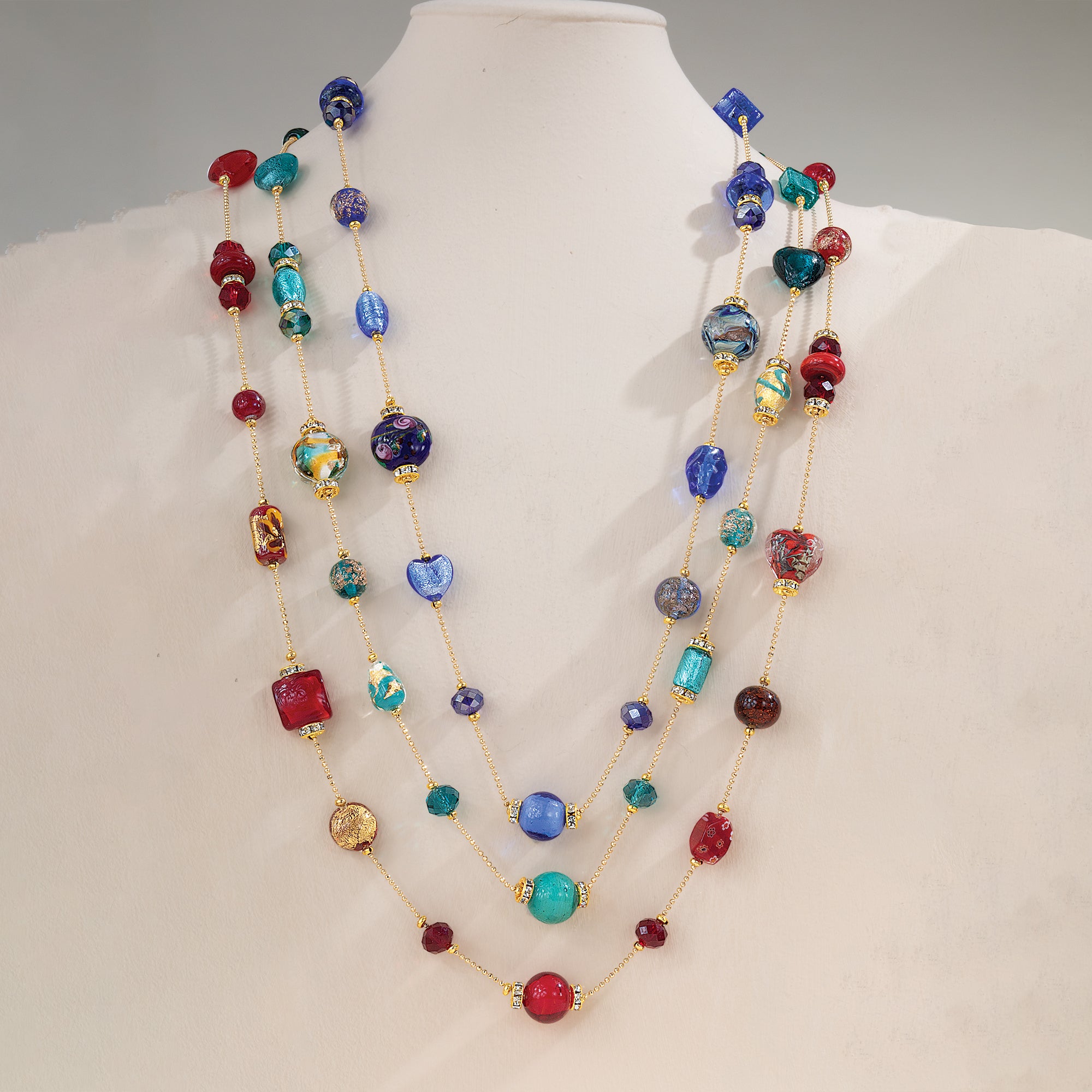 Red Murano Glass Mixed Hearts Content Long Necklace
