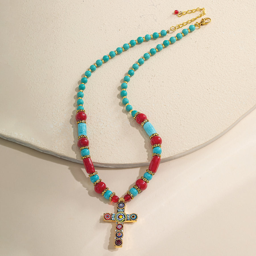 Southwestern Murano Glass Cross Pendant Necklace