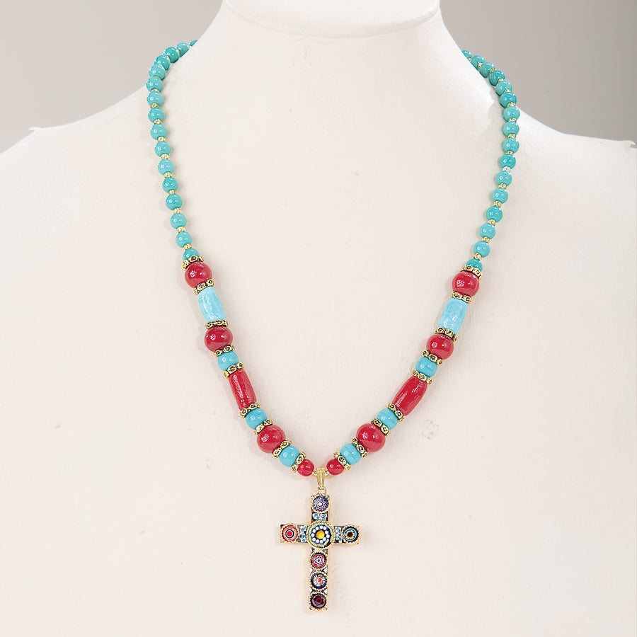 Southwestern Murano Glass Cross Pendant Necklace