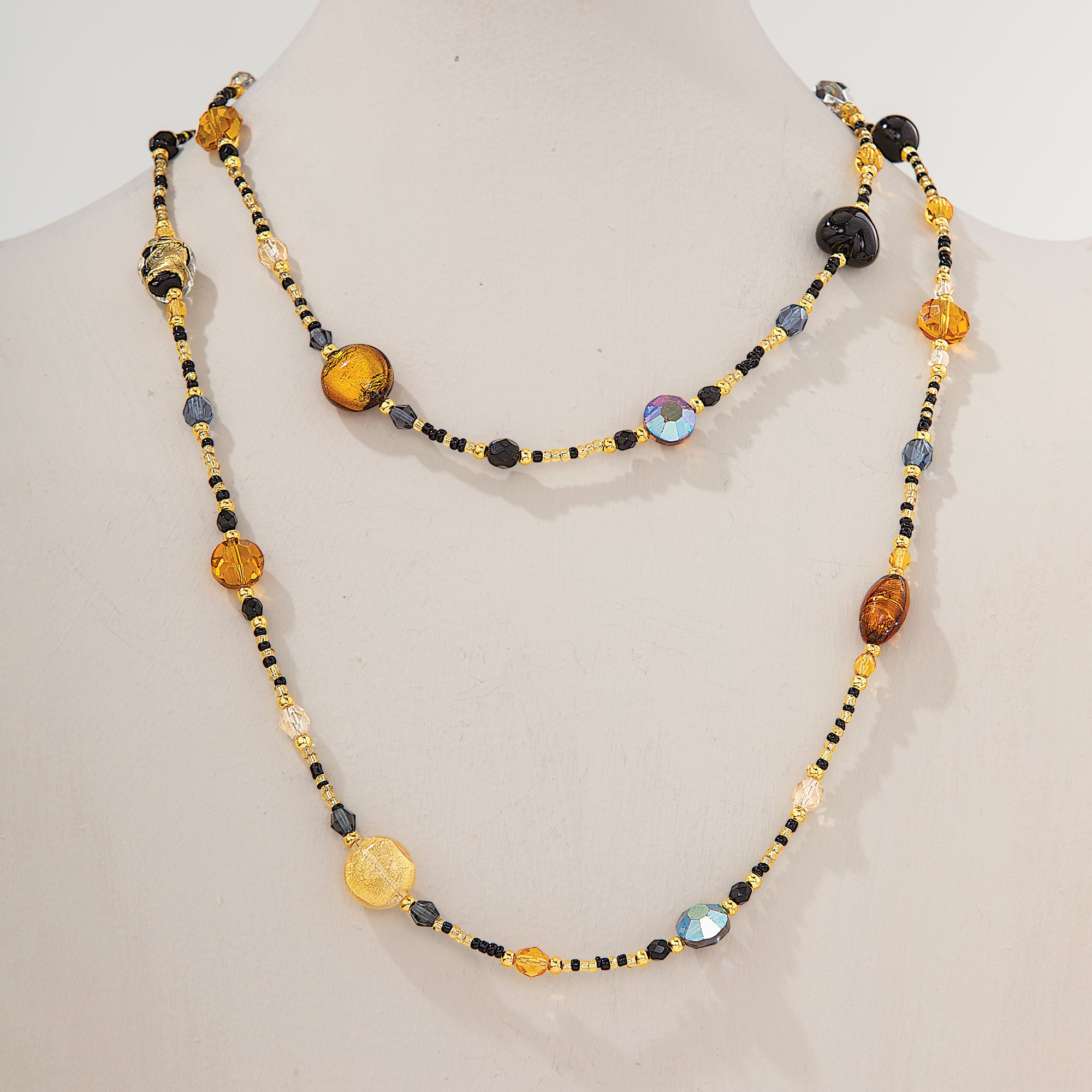 Murano Glass Black & Gold Extra Long Beaded Necklace