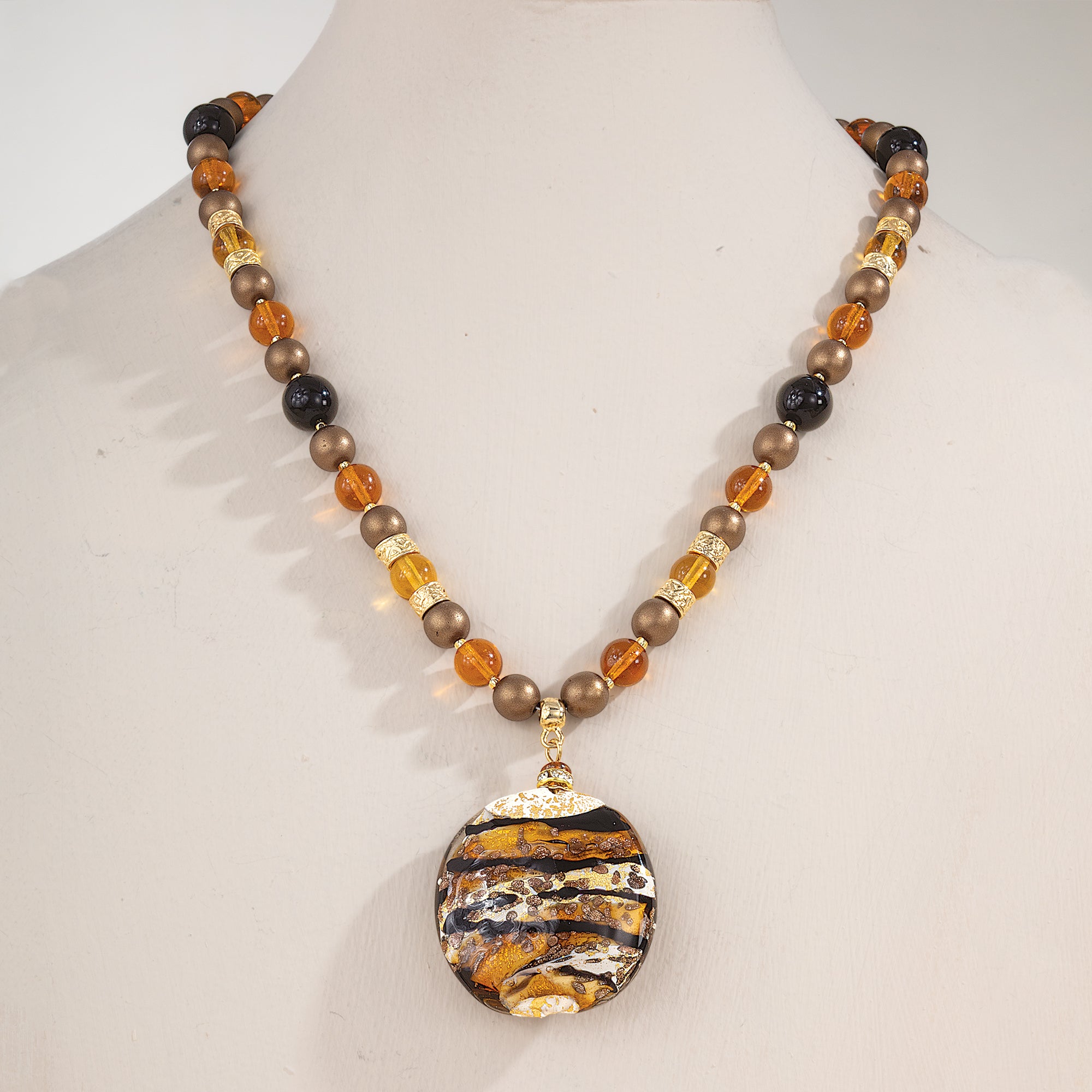Murano Glass Hand-Painted Black & Gold Beaded Pendant Necklace