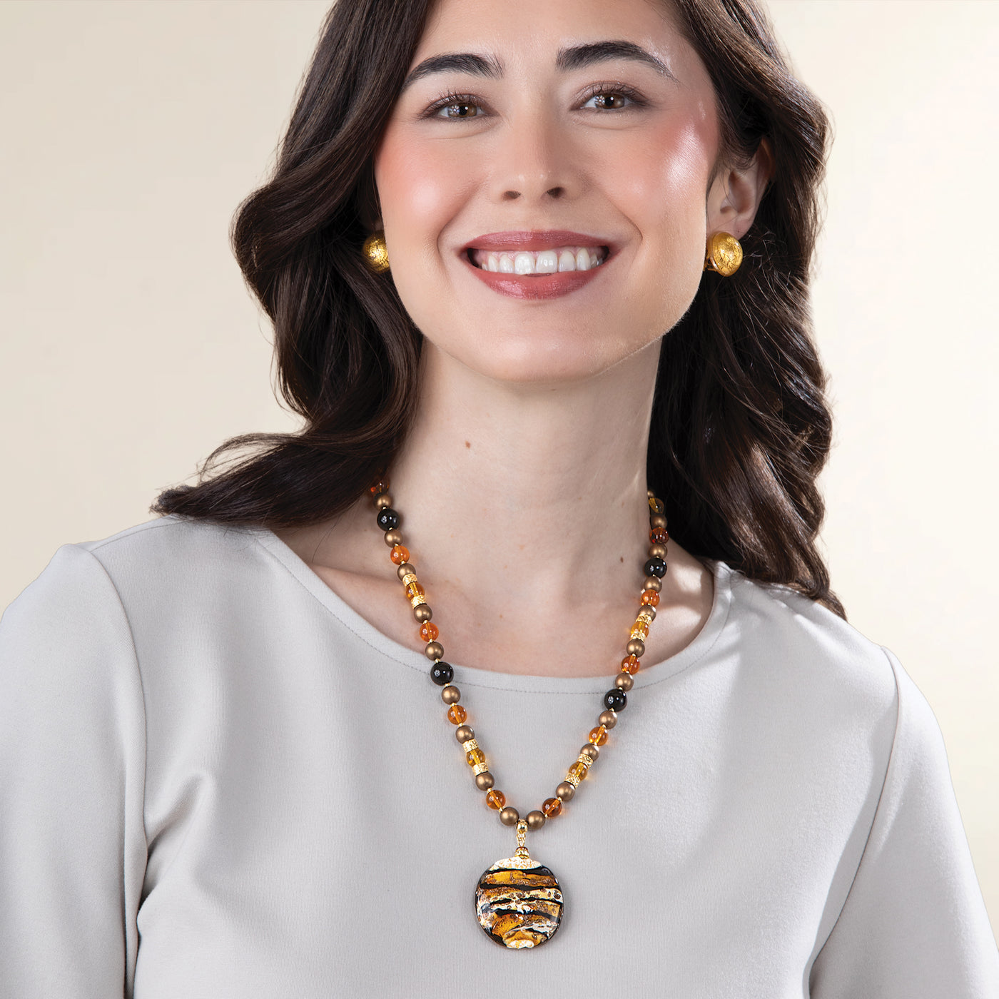 Murano Glass Hand-Painted Black & Gold Beaded Pendant Necklace