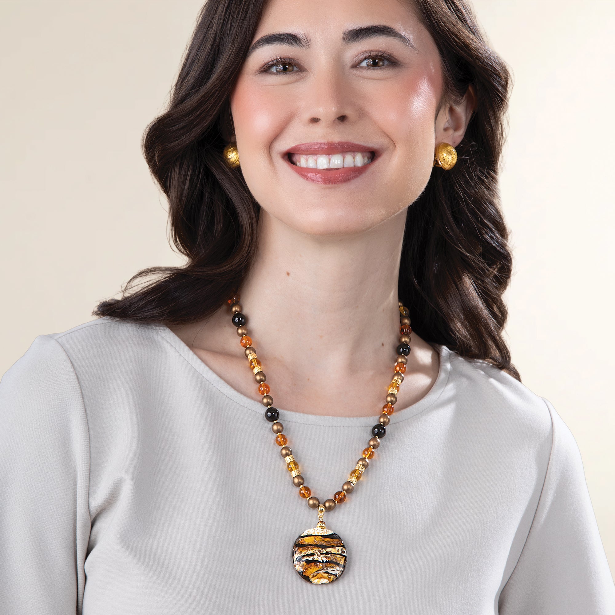 Murano Glass Hand-Painted Black & Gold Beaded Pendant Necklace