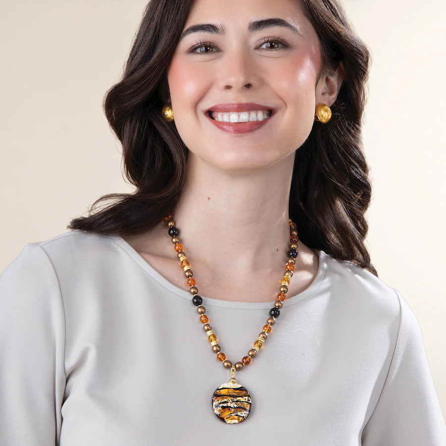 Murano Glass Hand-Painted Black & Gold Beaded Pendant Necklace