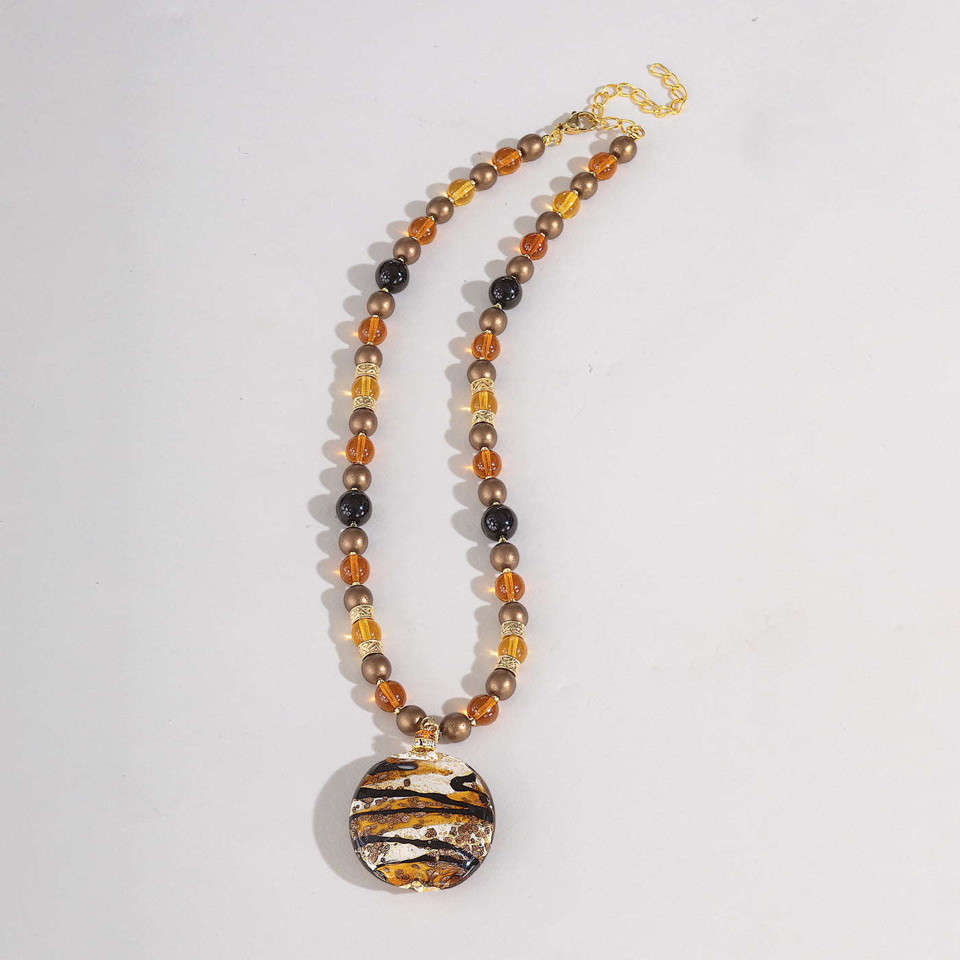 Murano Glass Hand-Painted Black & Gold Beaded Pendant Necklace