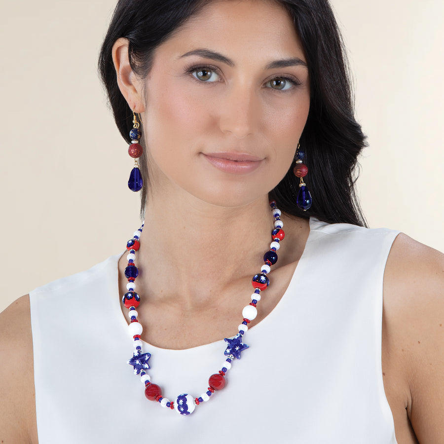 Murano Glass Pretty & Patriotic Beaded Teardrop Earrings