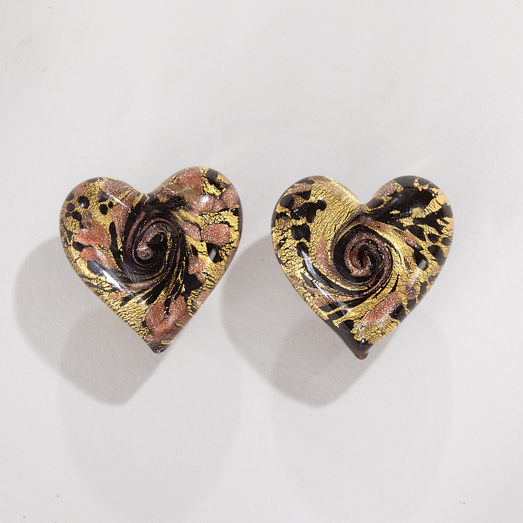 Murano Glass Black & Gold Heart Clip-On Earrings