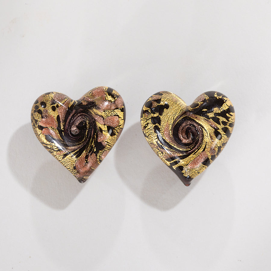 Murano Glass Black & Gold Heart Clip-On Earrings