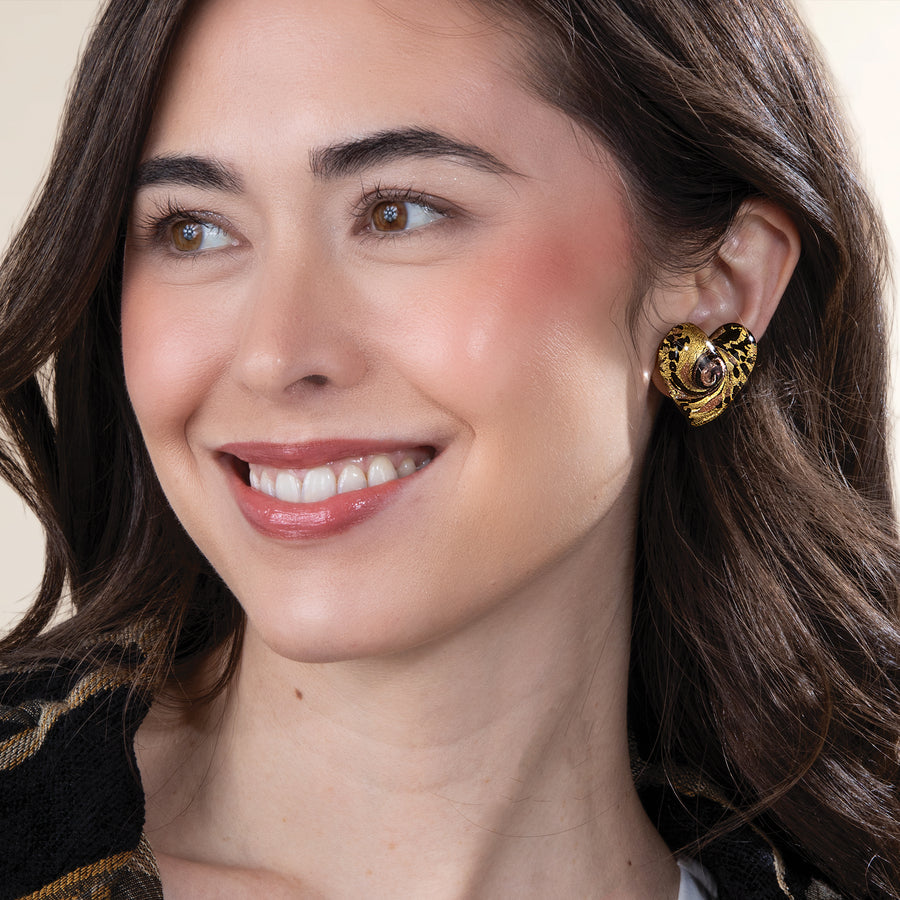 Murano Glass Black & Gold Heart Clip-On Earrings