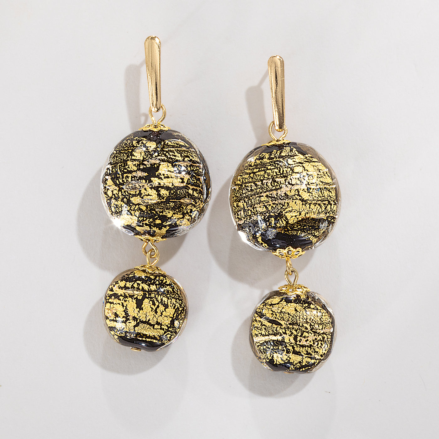Murano Glass Black & Gold Double Drop Earrings
