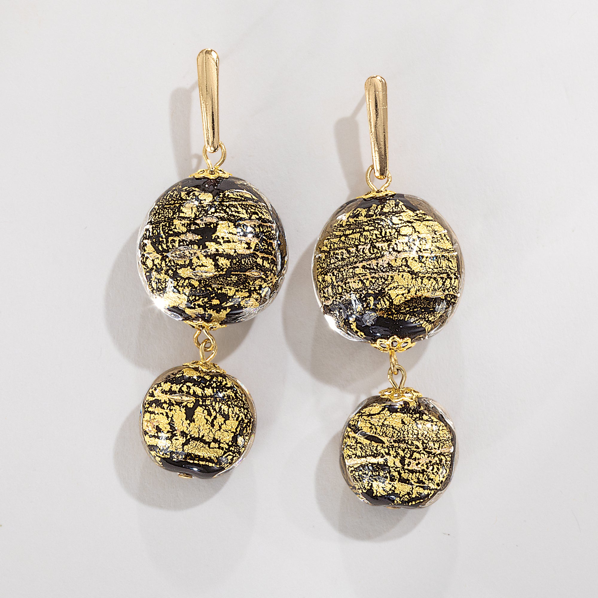 Murano Glass Black & Gold Double Drop Earrings