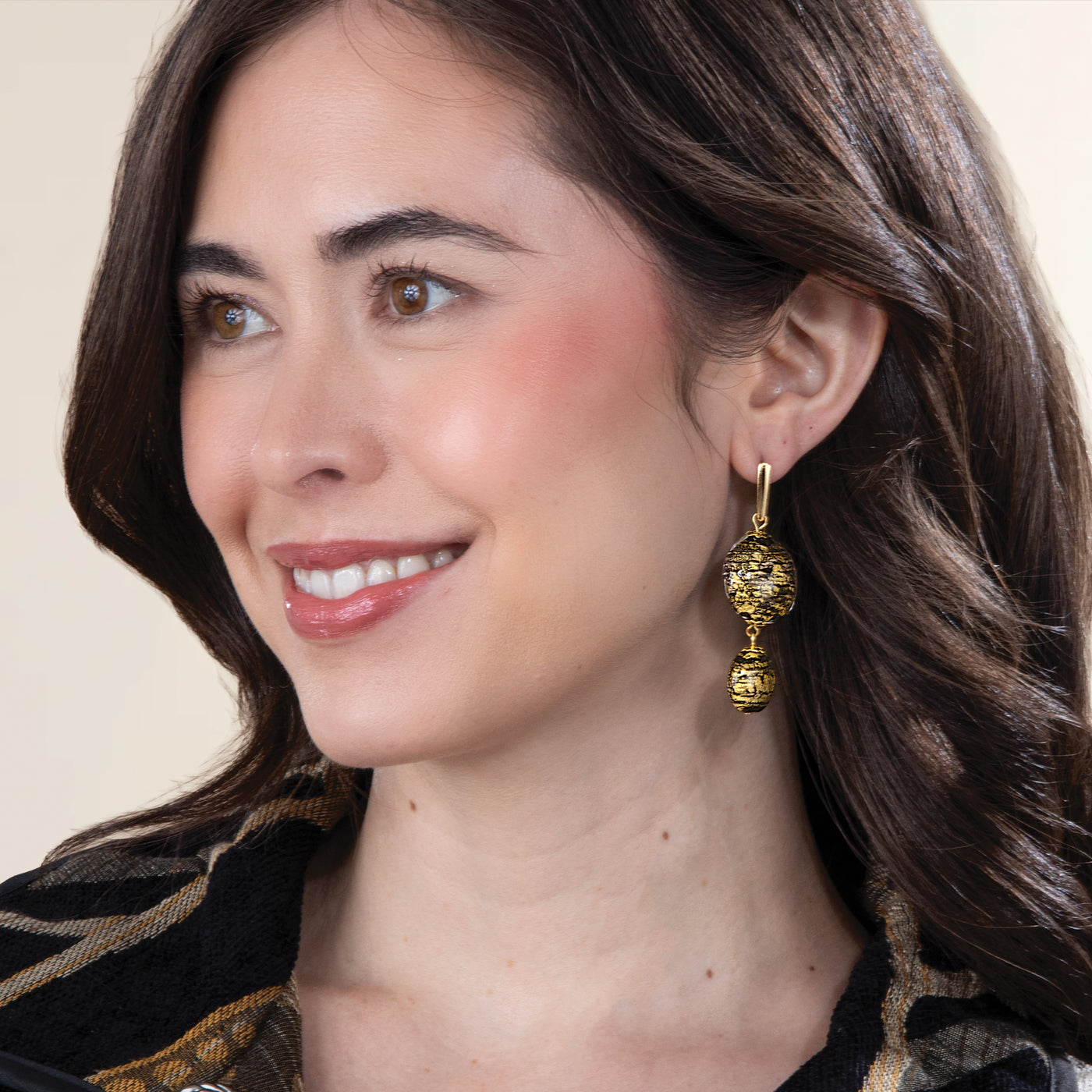 Murano Glass Black & Gold Double Drop Earrings