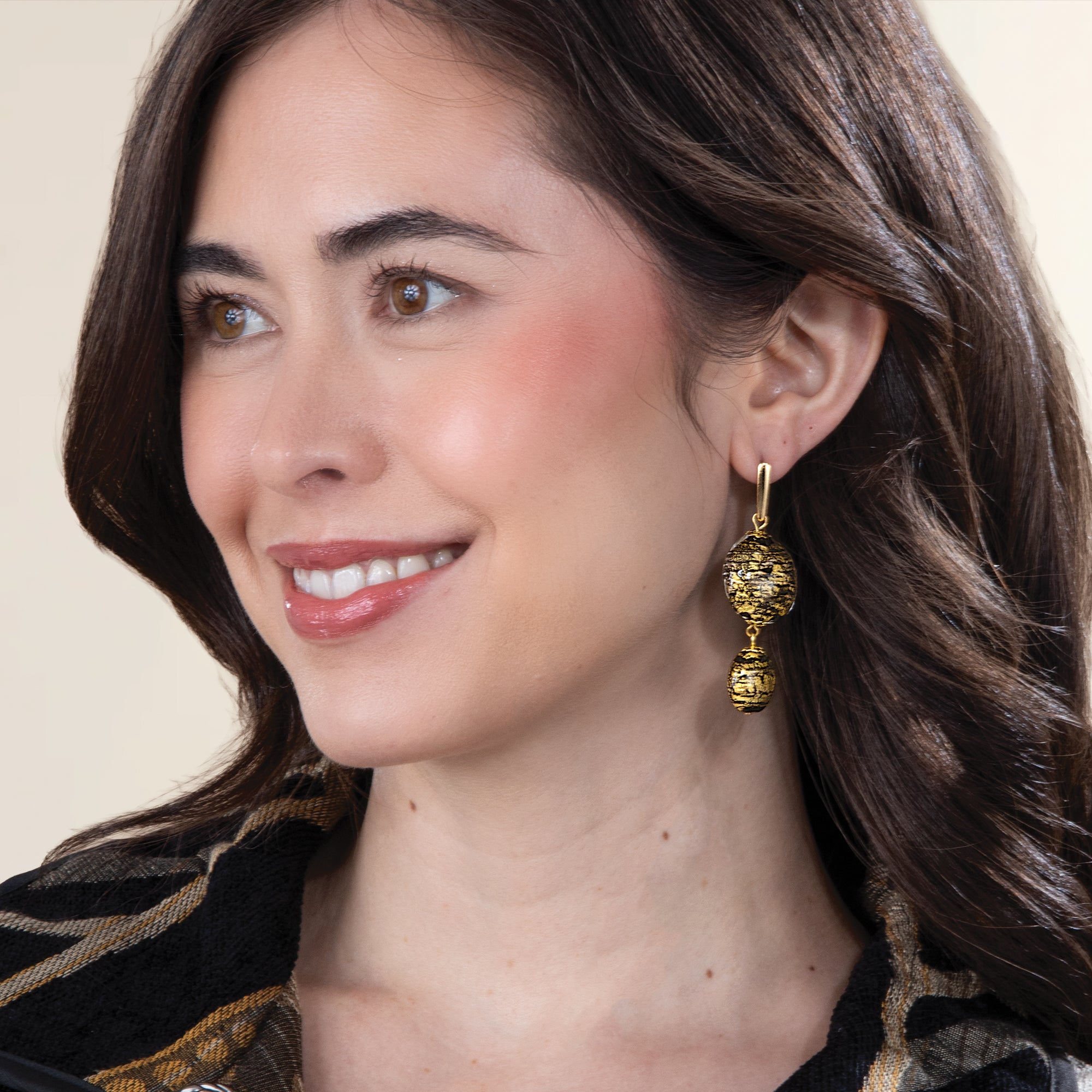 Murano Glass Black & Gold Double Drop Earrings