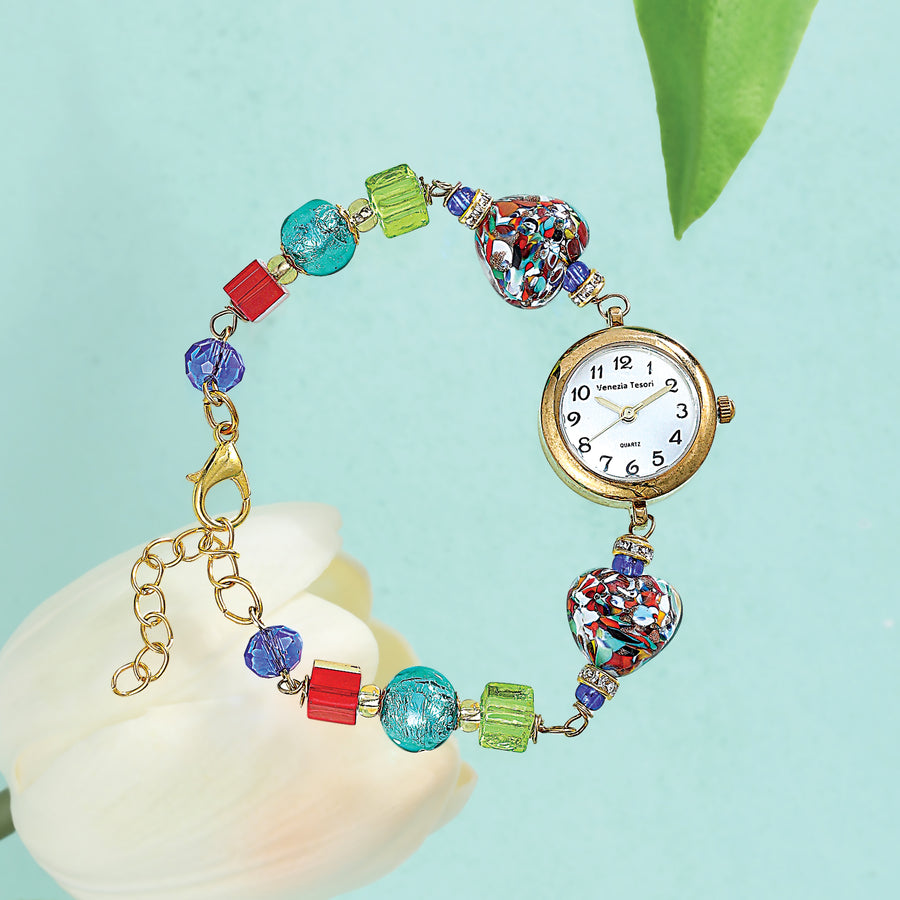 Rainbow Hearts Murano Glass Watch Bracelet