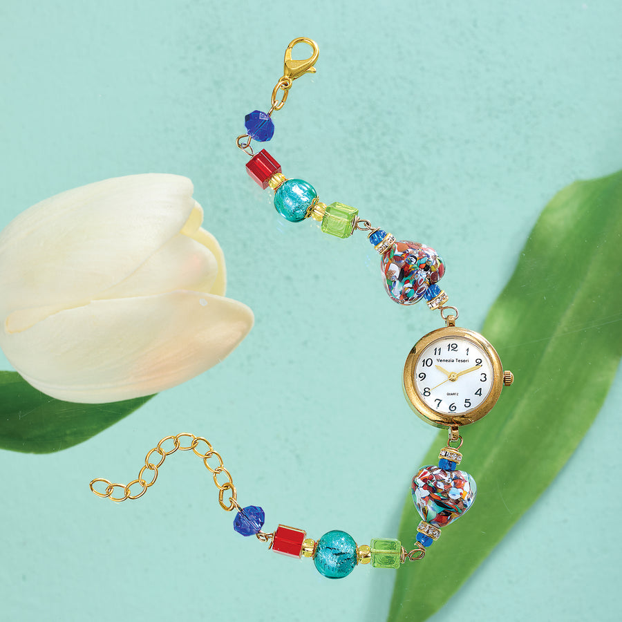 Rainbow Hearts Murano Glass Watch Bracelet