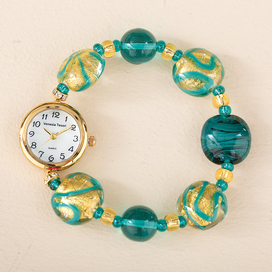 Murano Glass Green & Gold Stretch Watch