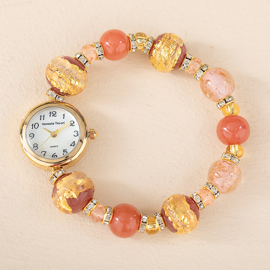 Murano Glass Pink & Gold Stretch Watch