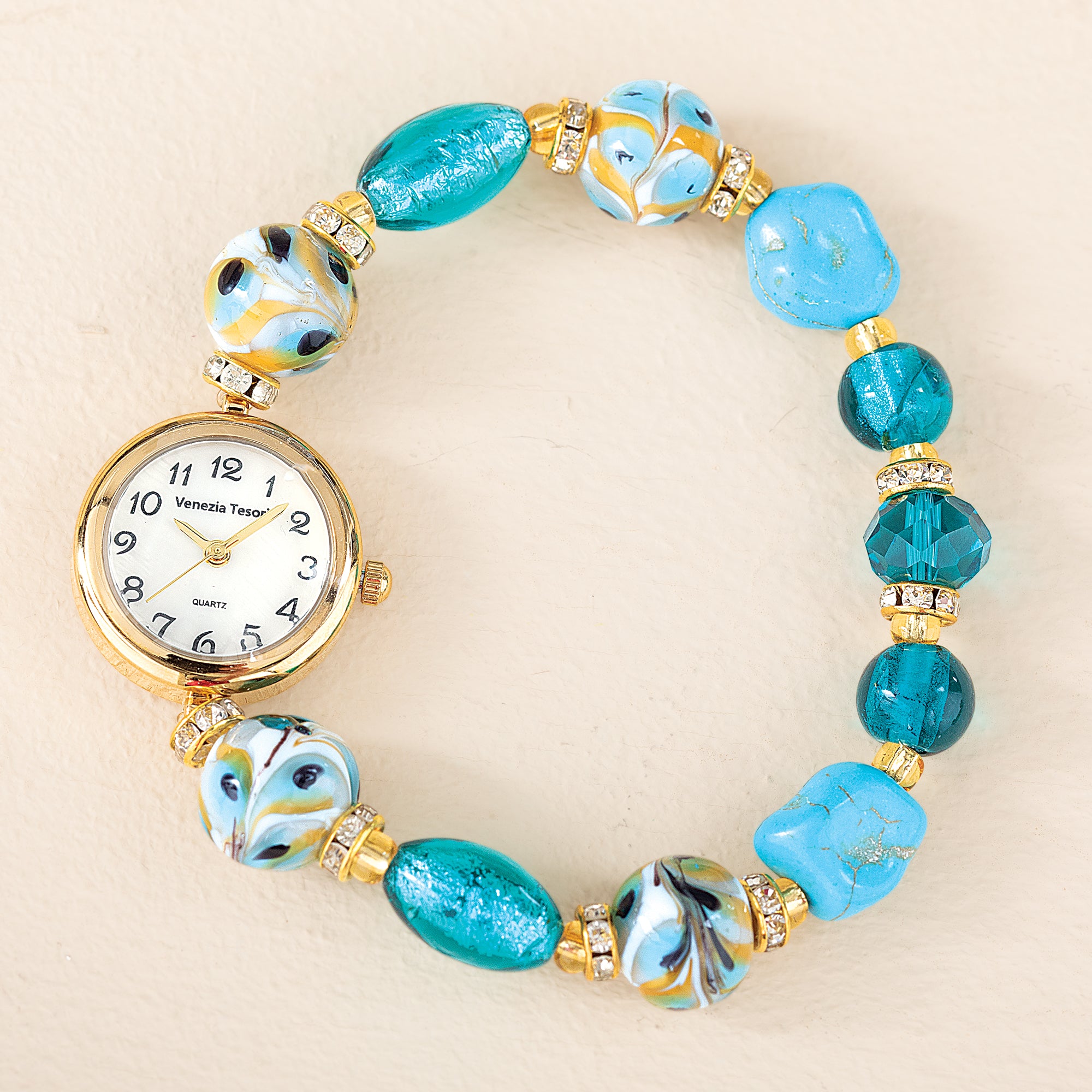 Murano Glass Teal & Gold Stretch Watch