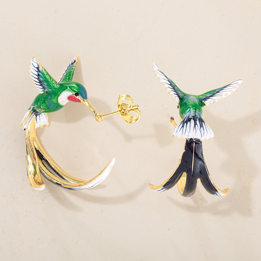 Enamel Hummingbird Hoop Earrings