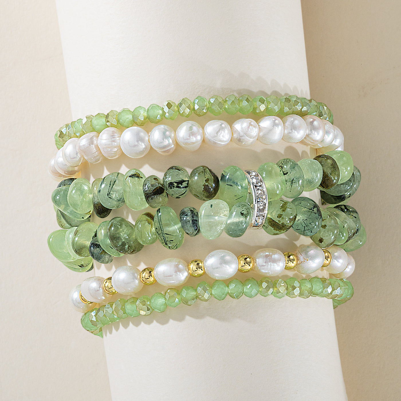 Prehnite & Freshwater Pearl Bracelets, Set of 5