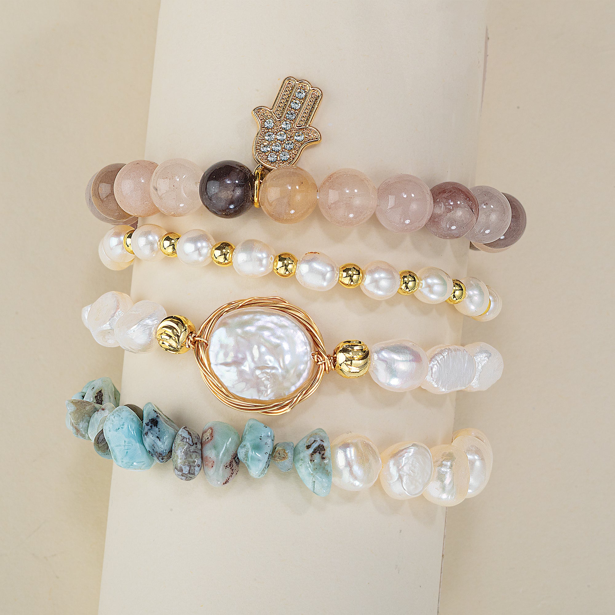 Statement Makers Gemstone & Pearl Bracelets, Set of 4 (Preorder)