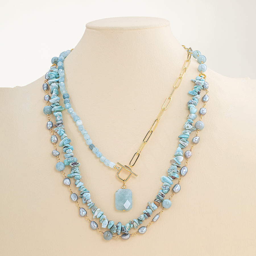 Multi-Layer Gemstone & Pearl Statement Necklaces, Set of 2