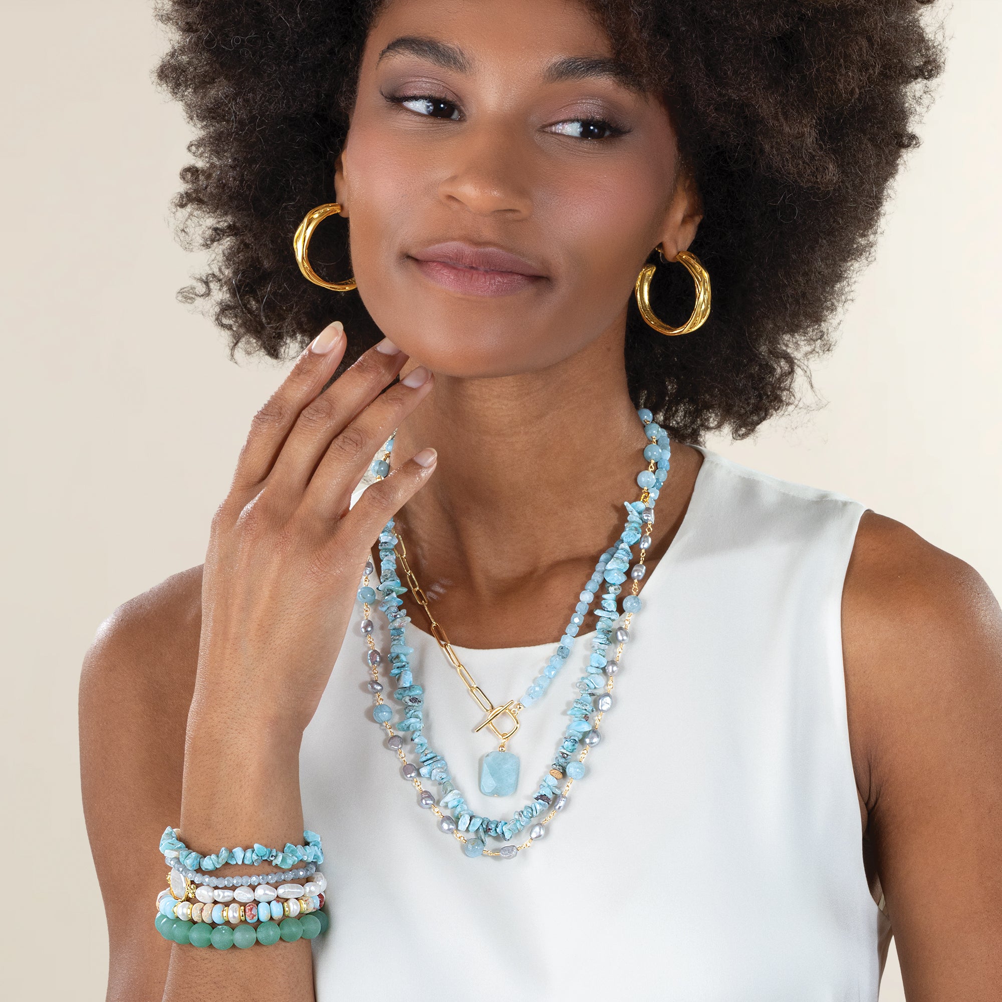 Multi-Layer Gemstone & Pearl Statement Necklaces, Set of 2