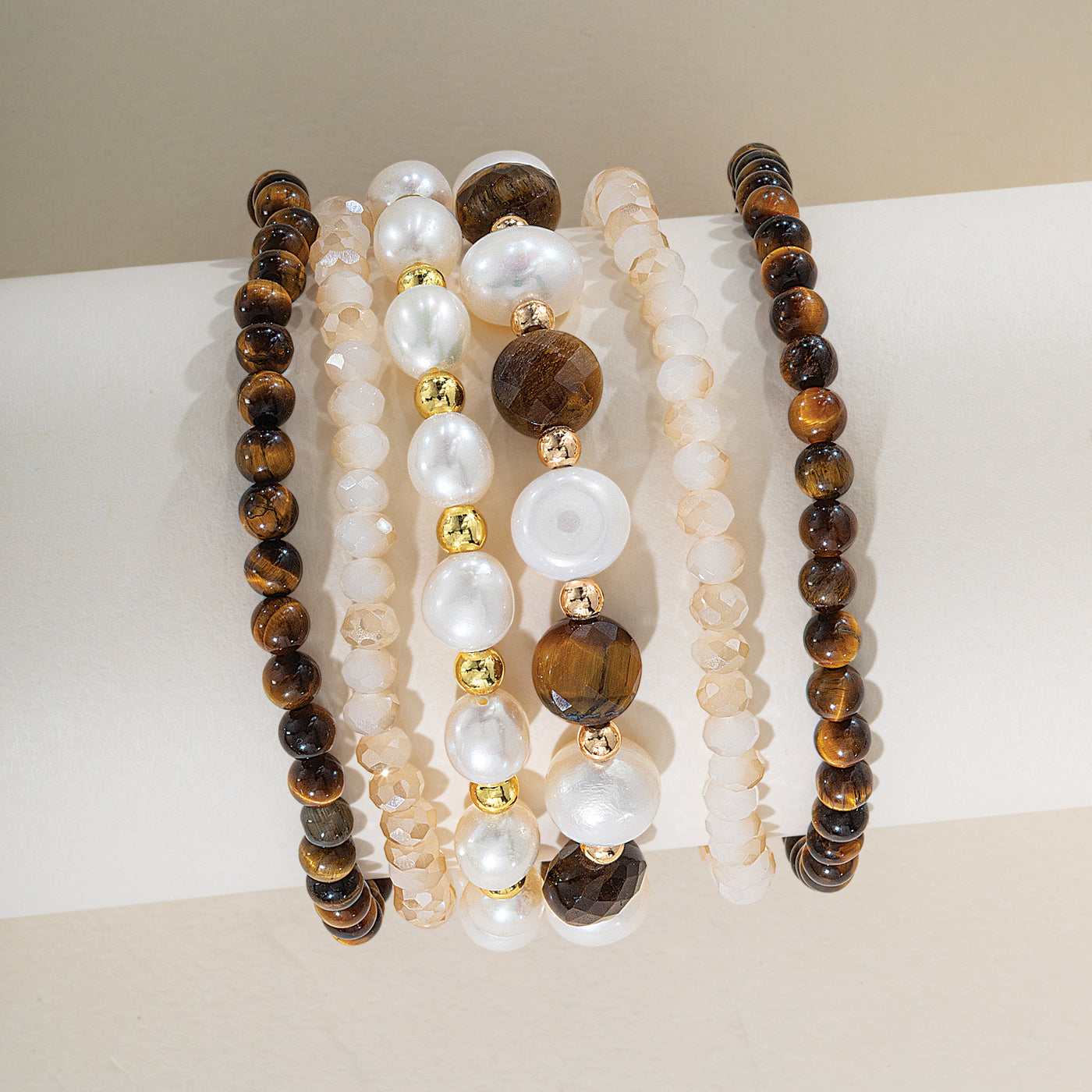 Tiger's Eye & Pearl Gemstone Bracelets, Set of 6
