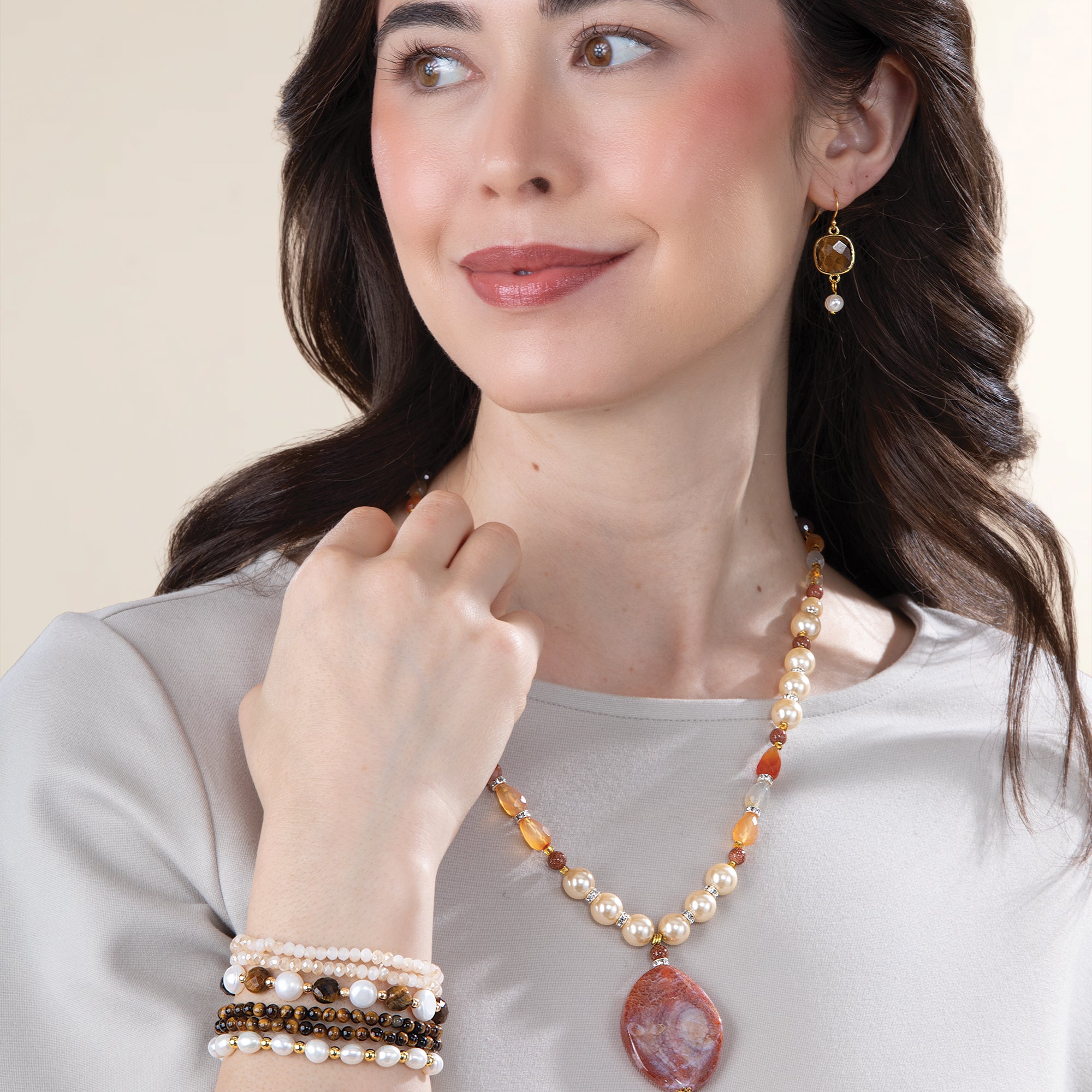 Tiger's Eye & Pearl Gemstone Bracelets, Set of 6