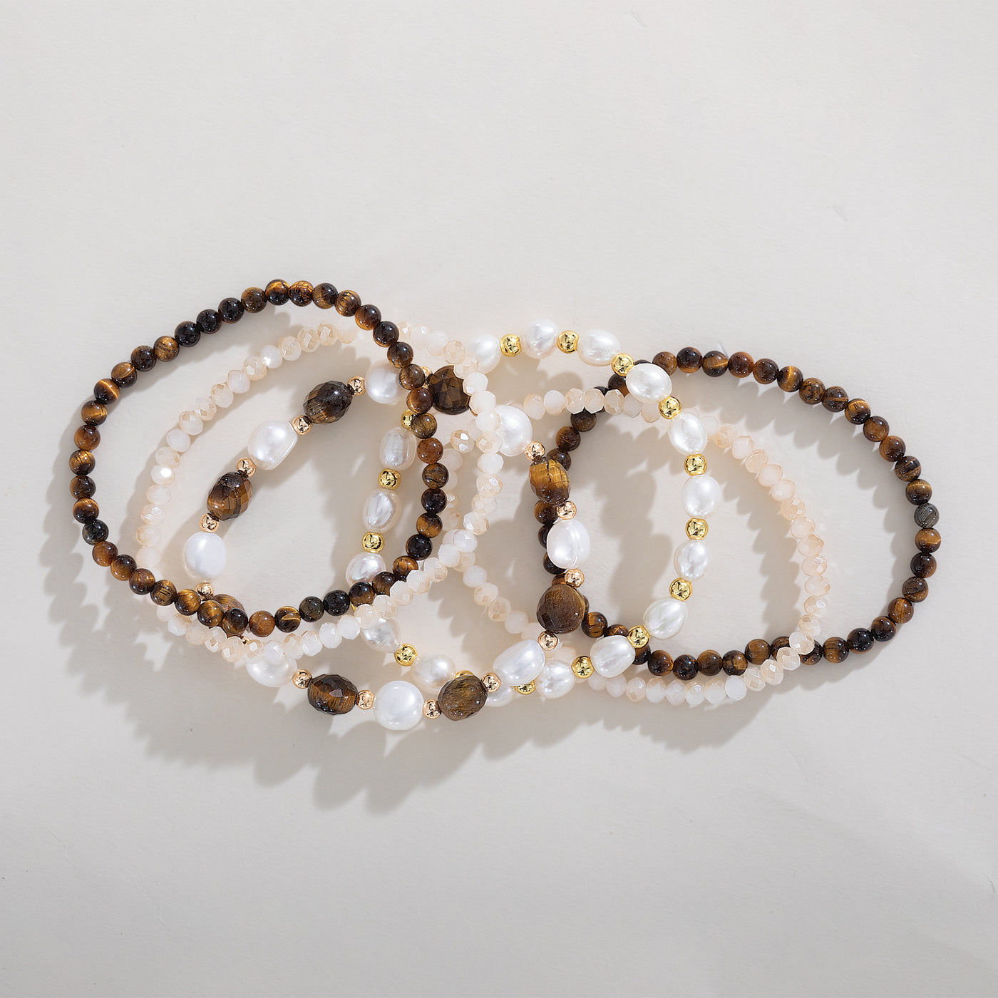 Tiger's Eye & Pearl Gemstone Bracelets, Set of 6