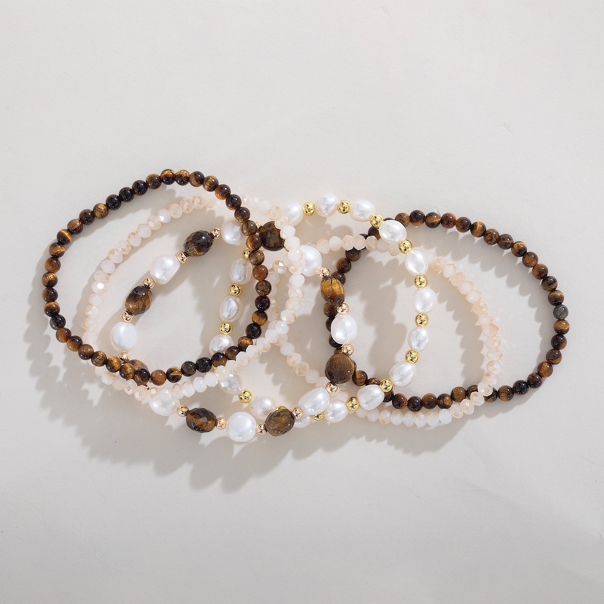 Tiger's Eye & Pearl Gemstone Bracelets, Set of 6