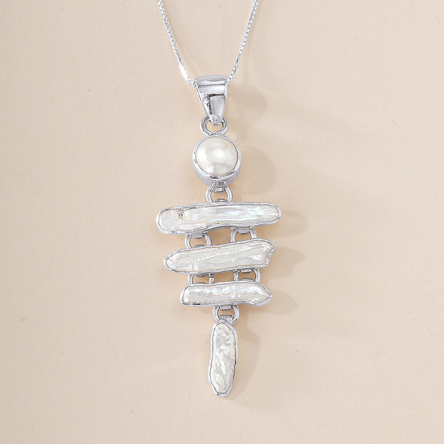 Sterling Silver Biwa Pearl Pendant Necklace