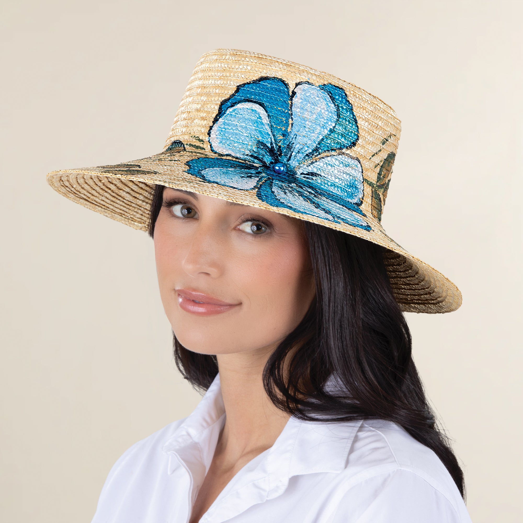 Violetta Aqua Hand-Painted Italian Straw Sun Hat