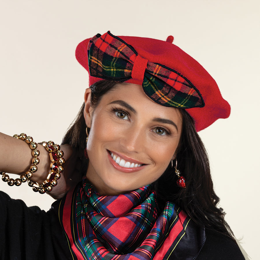 Dominique Tartan Bow Red Italian Wool Beret