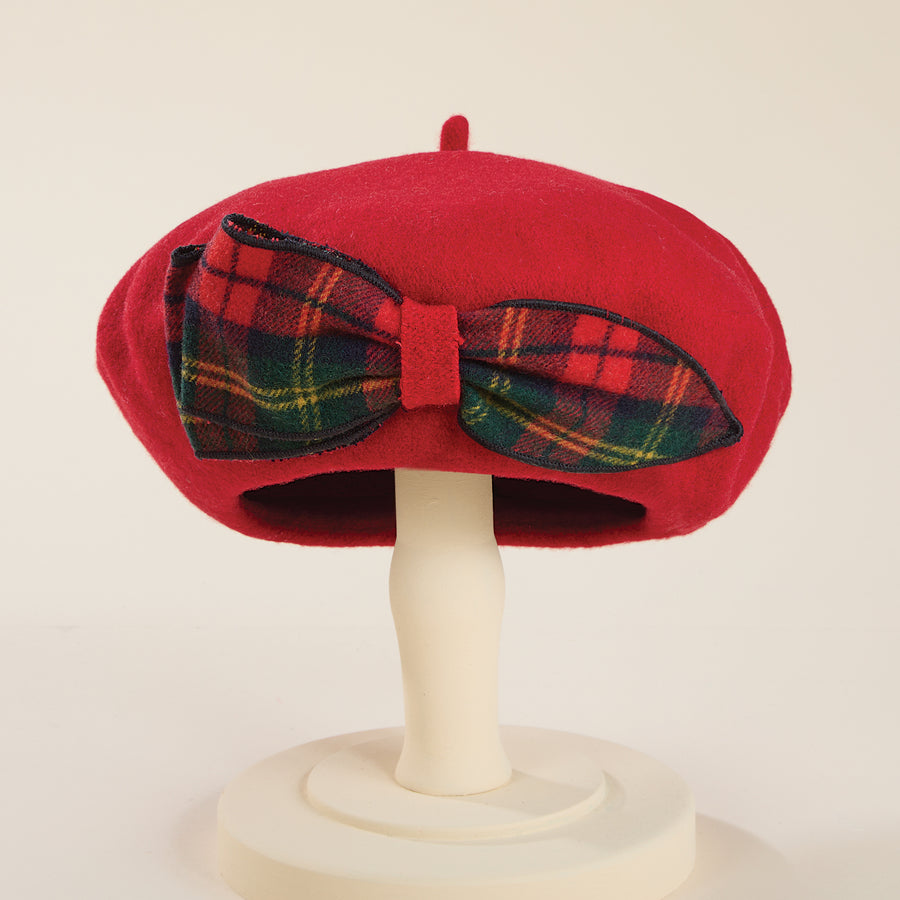 Dominique Tartan Bow Red Italian Wool Beret