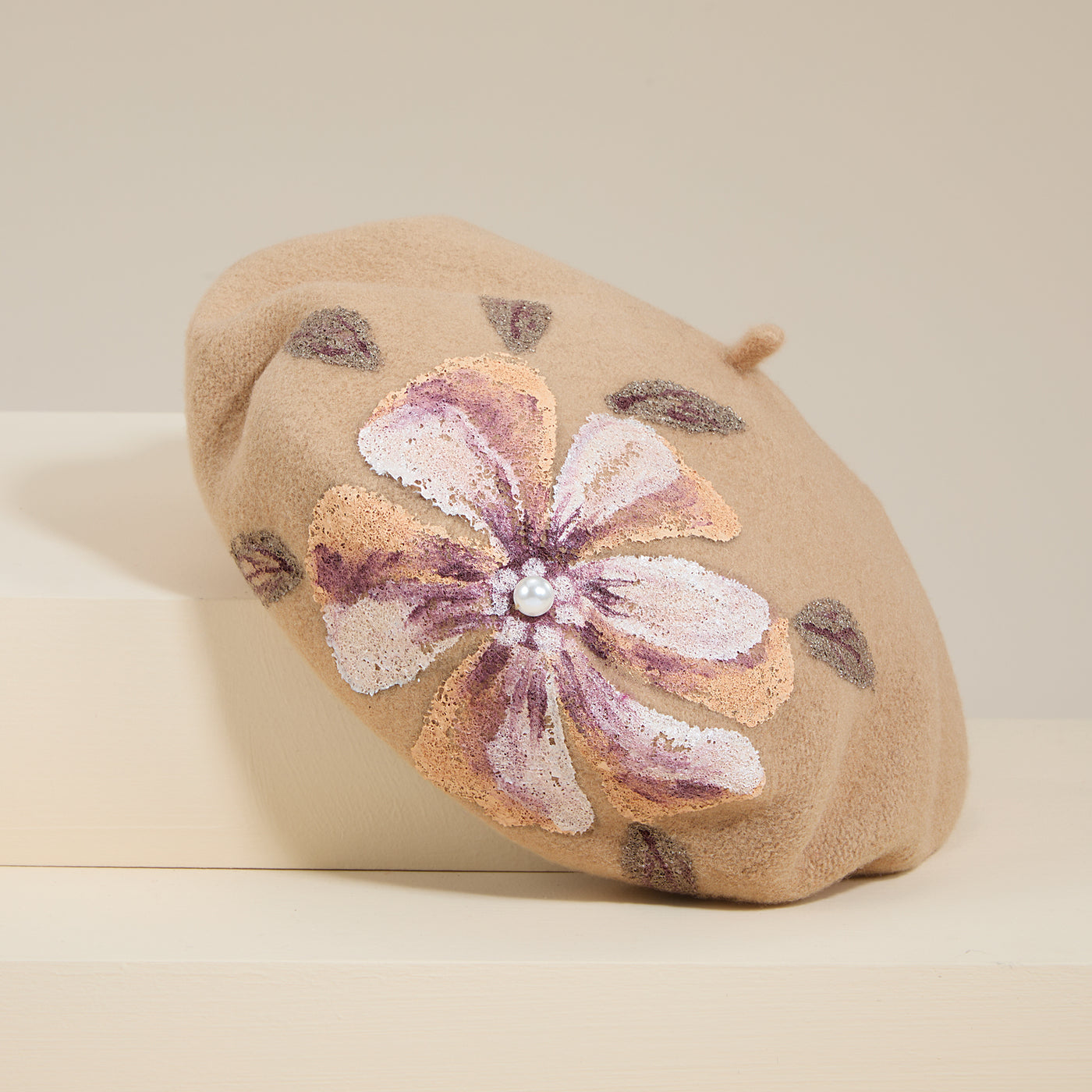 Livia Hand-Painted Floral Tan Italian Wool Beret