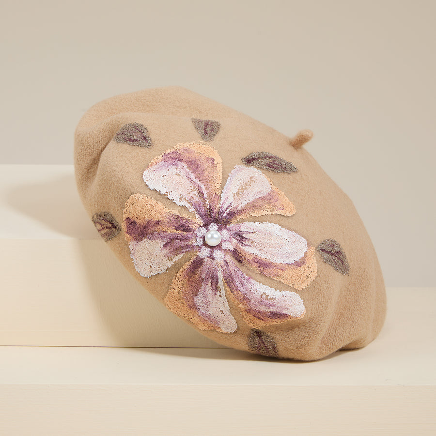 Livia Hand-Painted Floral Tan Italian Wool Beret