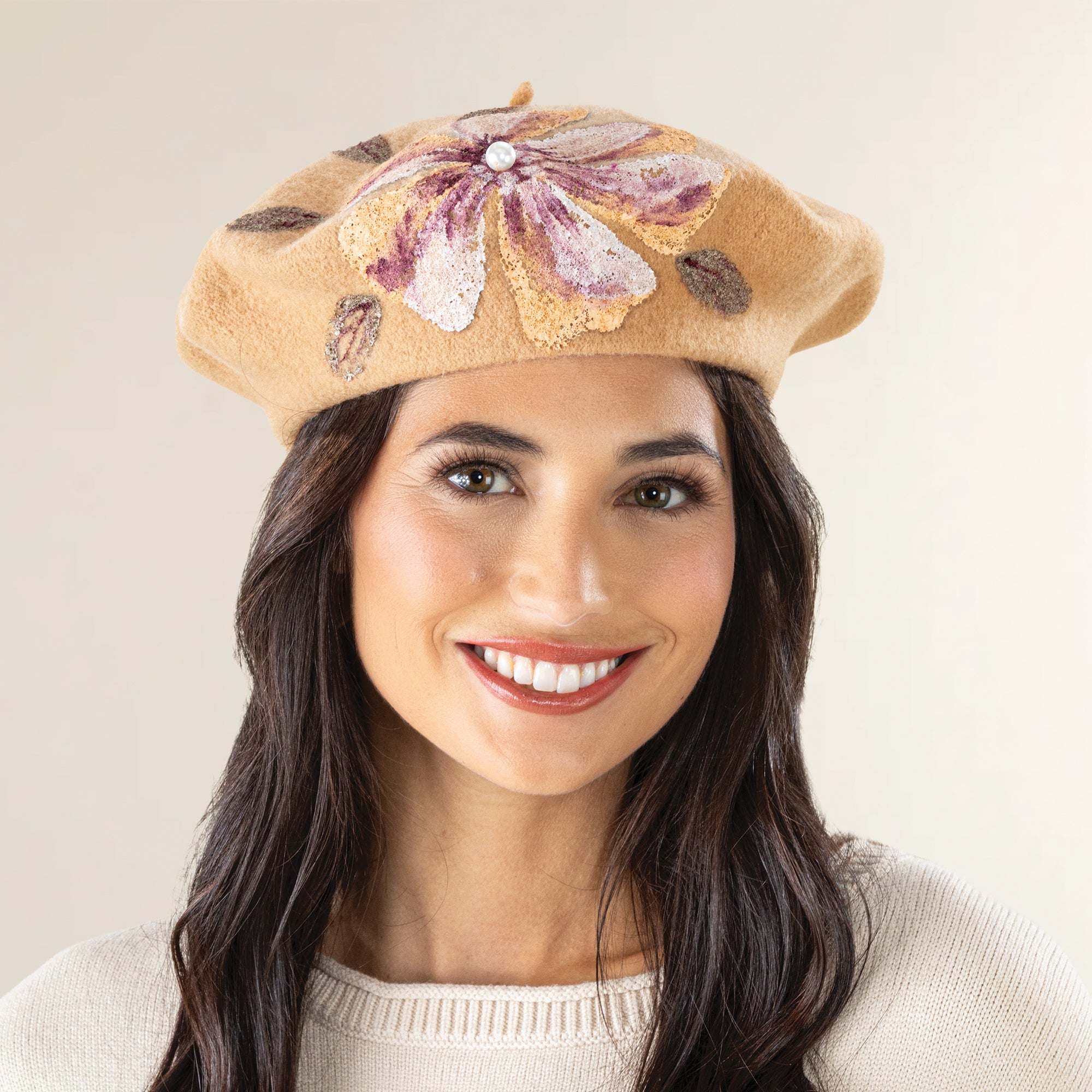 Livia Hand-Painted Floral Tan Italian Wool Beret