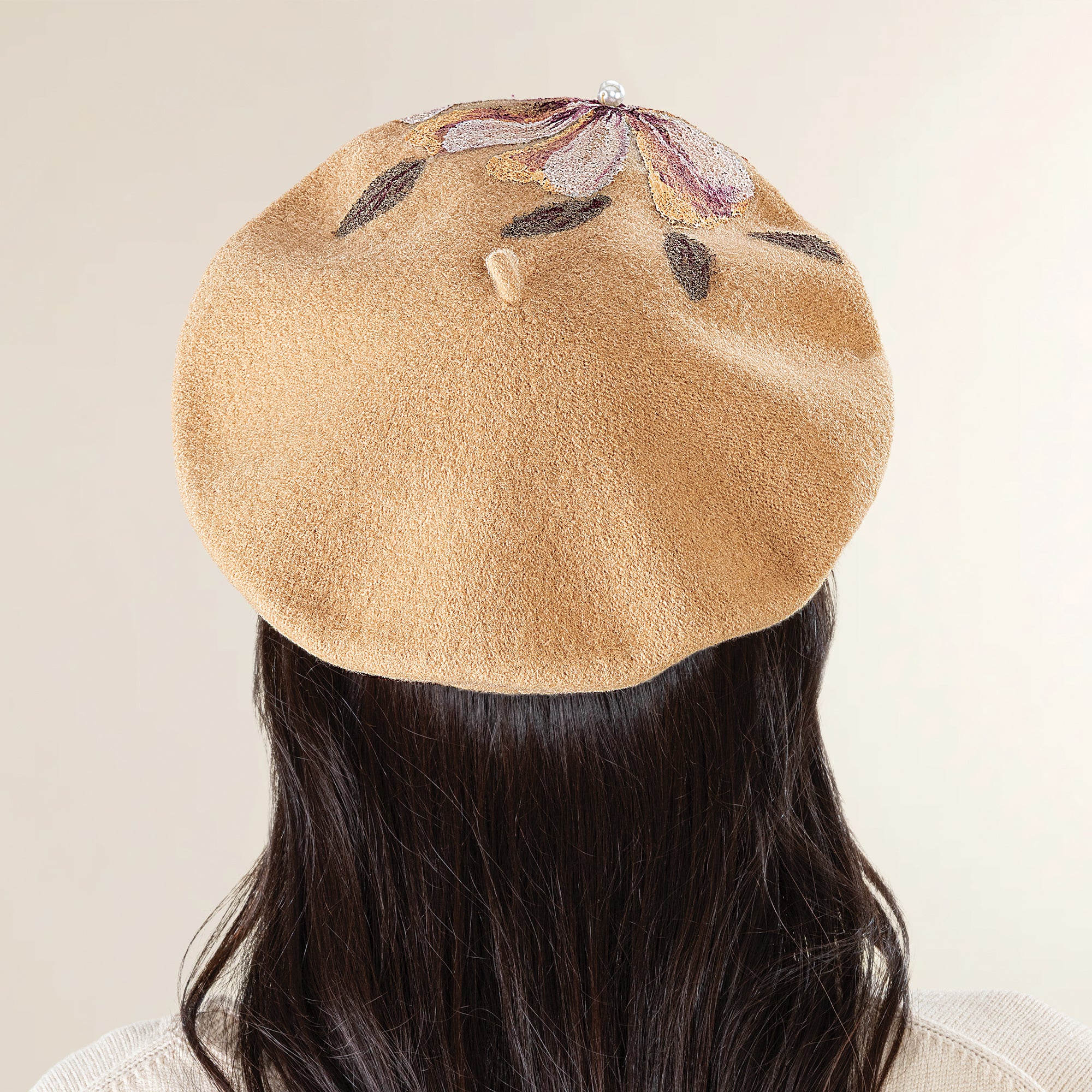 Livia Hand-Painted Floral Tan Italian Wool Beret