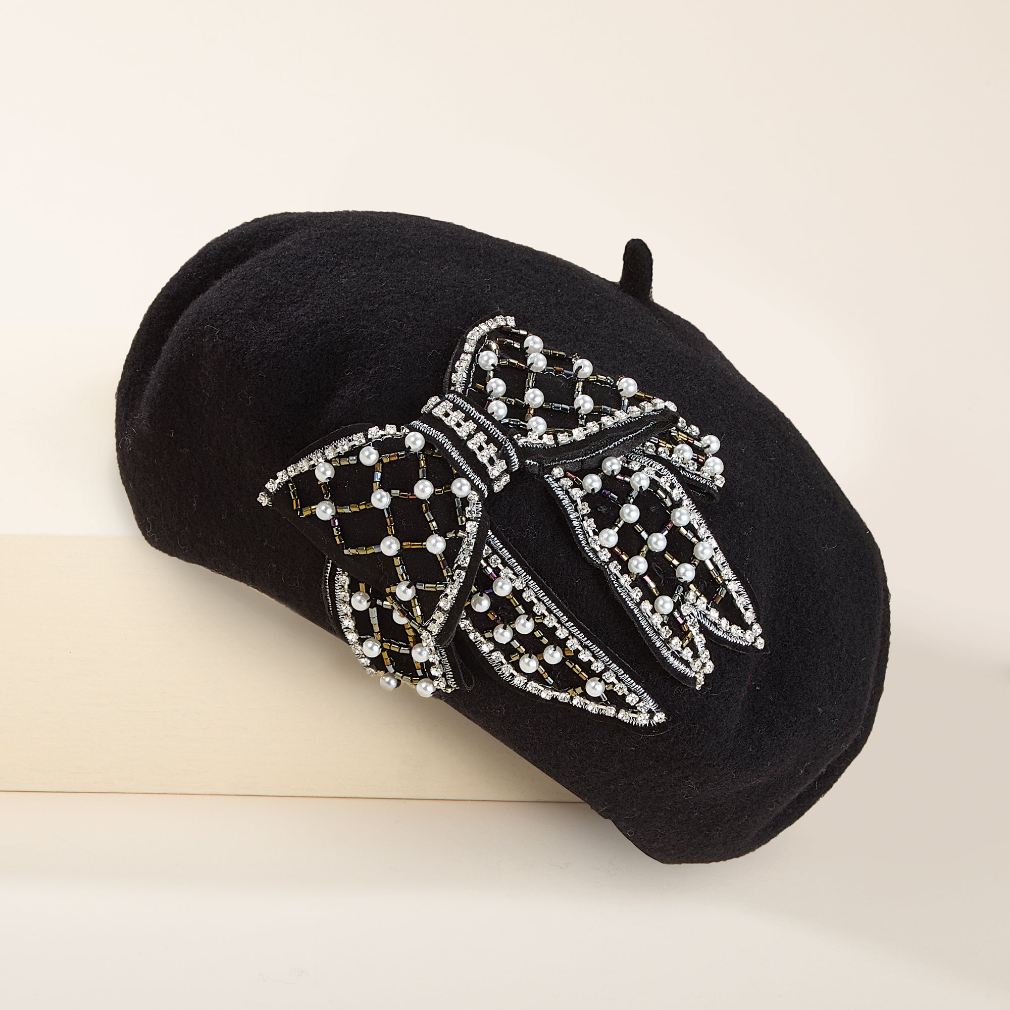 Joelle Black Italian Wool Pearl Bow Beret