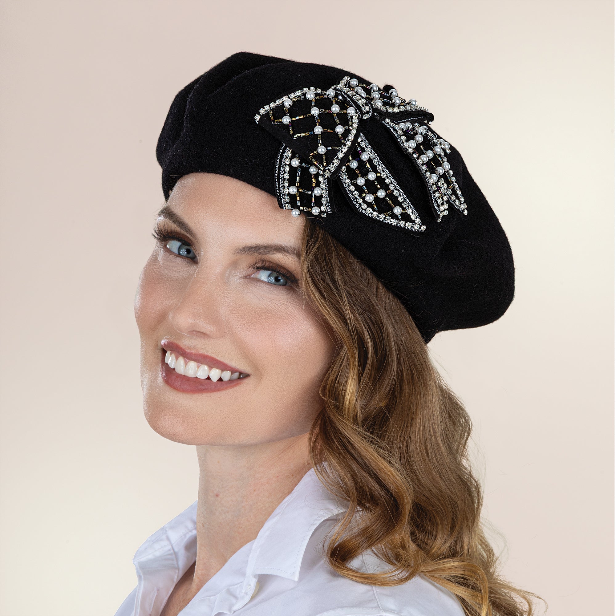 Joelle Black Italian Wool Pearl Bow Beret